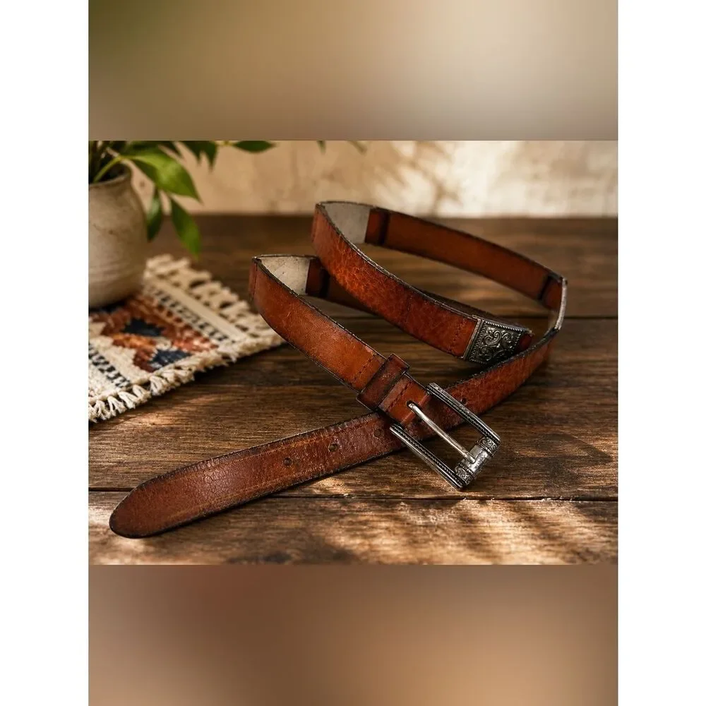 Vintage Brown Leather Belt Ornate Silver Buckle Metal Accents Size S/M